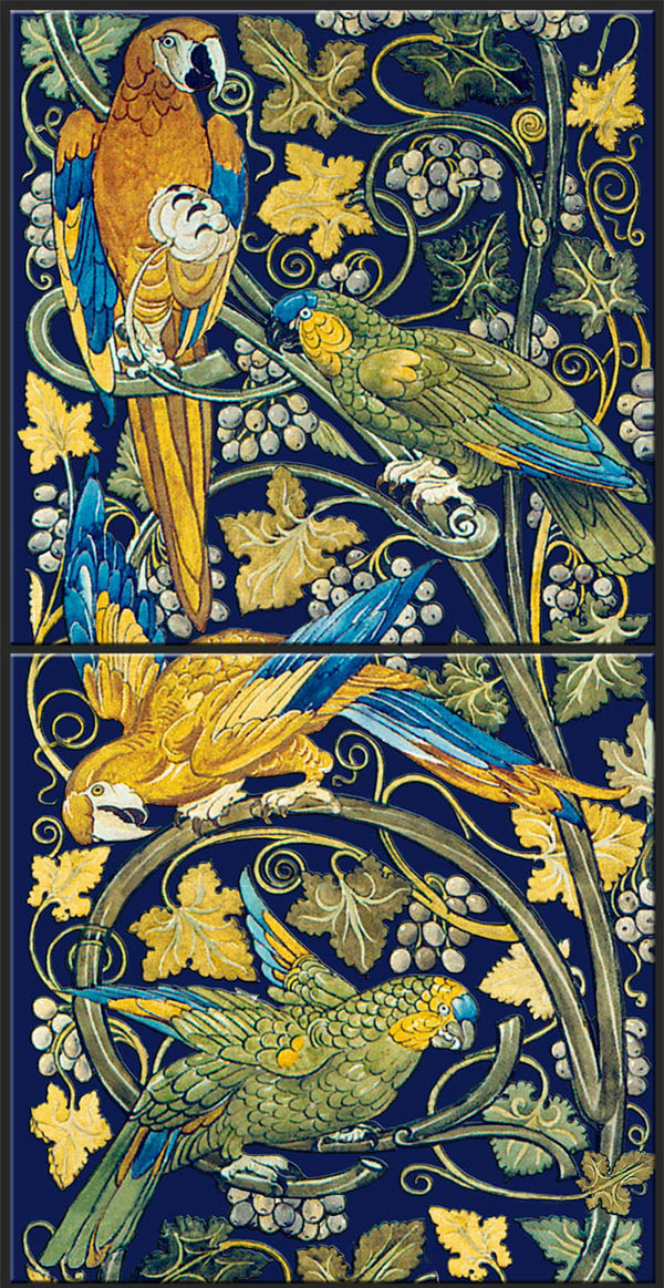 William De Morgan Golden Parrots 2-tile panel
